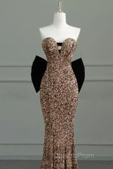 Sexy Mermaid Strapless Sequin Gold Floor Length Evening Prom Dress