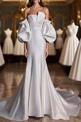 Sexy Mermaid Strapless Short Sleeves White Satin Wedding Dress Brides Dress