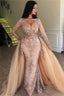 Sexy Mermaid V-Neck Long Sleeves Appliqued Classy Prom Dress With Detachable Skirt