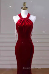 Sexy Mermaid Velvet Party Dress Red Evening Prom Dress