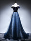 Sexy Navy Blue Tulle Velvet Off the Shoulder Prom Dress