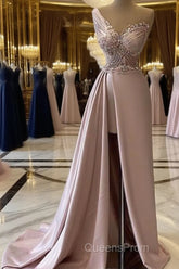 Sexy Robe De Soiree A-Line One-Shoulder Floor Length Beaded Slit Long Evening Prom Dress Evening Prom Gown Evening Dress