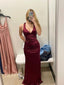 Sexy Sheath Halter V Neckline Burgundy Satin Slit Party Dress Long Classy Prom Dress