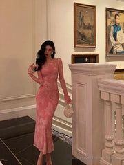 Sexy Sheath Pink Floral Long Sleeves Prom Dresses Birthday Outfits