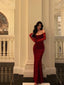 Sexy Sheath Spaghetti Straps Lace Red Velvet Long Classy Prom Dress Birthday Outfits With Gloves