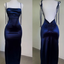 Sexy Sheath Spaghetti Straps Backless Navy Blue Satin Classy Prom Dress Classy Evening Dress