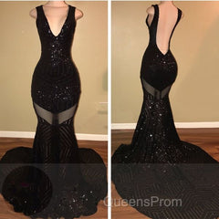 Sexy V-Neck Black Sequined Burgundy Evening Prom Dress