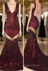 Sexy V-Neck Black Sequined Burgundy Evening Prom Dress