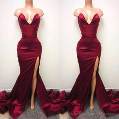 Sexy V-neck Chiffon Mermaid Prom Dress Long With Split Burgundy
