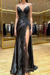 Sheath Black Long Appliques Evening Prom Dress