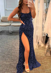 Sheath/Column Bateau Spaghetti Straps Long/Floor-Length Velvet Sequins Prom Dresses With Split
