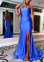 Sheath/Column Bateau Sweep Train Sleeveless Silk like Satin Prom Dresses With Pleated Split