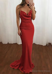 Sheath/Column Cowl Neck Spaghetti Straps Sweep Train Satin Prom Dresses