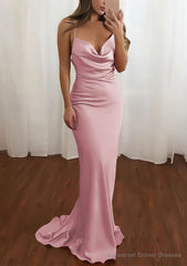 Sheath/Column Cowl Neck Spaghetti Straps Sweep Train Satin Prom Dresses