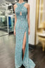 Sheath/Column Halter Sleeveless Sweep Train Velvet Sequins Evening Prom Dress With Split