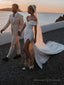 Sheath/Column Off-the-Shoulder Chapel Train Charmeuse Wedding Dresses With Leg Slit