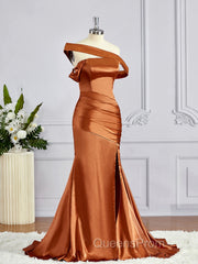 Sheath/Column Off-the-Shoulder Sweep Train Silk like Satin Bridesmaid Dress with Leg Slit