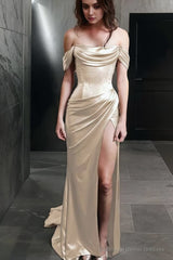 Sheath Off-the-Shoulder Sweep Train Silk like Satin Prom Dresses With Leg Slit