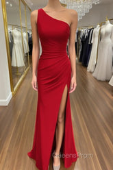 Sheath/Column One-Shoulder Sleeveless Jersey Long/Floor-Length Red Evening Prom Dress With Pleated Split