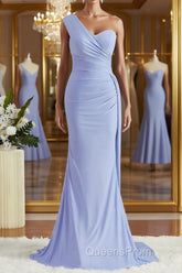 Sheath/Column One-Shoulder Sweep Train Jersey Bridesmaid Dress