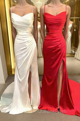 Sheath/Column Spaghetti Straps Sweep Train Elastic Woven Satin Evening Prom Dress With Leg Slit