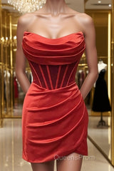 Sheath/Column Strapless Short/Mini Silk like Satin Homecoming Dress