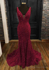 Sheath/Column Trumpet/Mermaid V Neck Sleeveless Velvet Sequins Sweep Train Prom Dresses