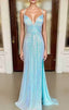 Sheath/Column V Neck Spaghetti Straps Sweep Train Sequined Evening Prom Dress With Split