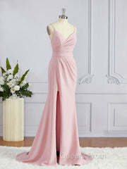 Sheath/Column V-neck Sweep Train Stretch Crepe Bridesmaid Dress with Leg Slit