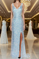 Sheath/Column V-neck Sweep Train Velvet Sequins Evening Prom Dress With Leg Slit