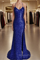 Sheath/Column V-neck Sweep Train Velvet Sequins Evening Prom Dress With Leg Slit