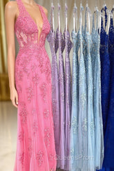 Sheath Halter Lace Tulle Evening Prom Dress with Appliques