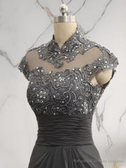 Sheath High Neck Short Sleeves Ruffles Sweep Train Chiffon Mother of the Bride Dress