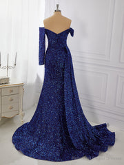 Sheath Long Sleeves Off-the-Shoulder Pleated Sweep Train Dress