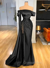 Sheath Off-The-Shoulder Long Sleeves Satin/Sequined Evening Prom Dress