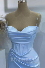 Sheath Spaghetti Straps Satin Pleated Light Blue Long Formal Dress Bridesmaid Dress Evening Gown Evening Prom Dress With Slit