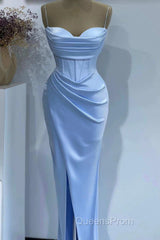 Sheath Spaghetti Straps Satin Pleated Light Blue Long Formal Dress Bridesmaid Dress Evening Gown Evening Prom Dress With Slit