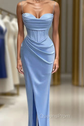 Sheath Spaghetti Straps Satin Pleated Light Blue Long Formal Dress Bridesmaid Dress Evening Gown Evening Prom Dress With Slit