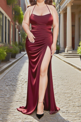 Sheath Square Neckline Sweep Train Dark Red Plus Size Evening Prom Dress With Pleated Split Formal Evening Dress