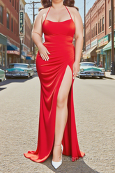 Sheath Square Neckline Sweep Train Red Plus Size Evening Prom Dress With Pleated Split Formal Evening Dress