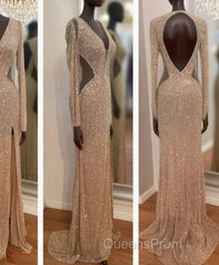 Sheer Sexy Sequins Long Sleeves Evening Prom Dress