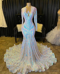 Shimmers Long Sleeve Mermaid V-neck Sequins Appliques Prom Dresses