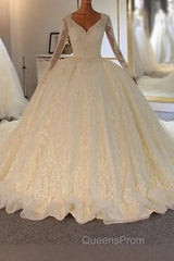 Shinny Long A-line Full Beading Lace-Up Wedding Dress with Sleeves