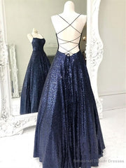Shiny A Line Open Back Navy Blue Long Formal Evening Dress