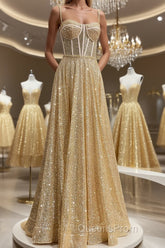 Shiny A Line Spaghetti Straps Gold Evening Prom Dress Long, Sweetheart Neck Golden Formal Dress, Gold Tulle Evening Dress WT1856