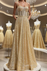 Shiny A Line Spaghetti Straps Gold Evening Prom Dress Long, Sweetheart Neck Golden Formal Dress, Gold Tulle Evening Dress WT1856
