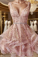 Shiny A Line V Neck Short Champagne Lace Evening Prom Dress, Short Champagne Lace Formal Homecoming Dress