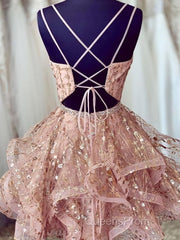 Shiny A Line V Neck Short Champagne Lace Evening Prom Dress, Short Champagne Lace Formal Homecoming Dress