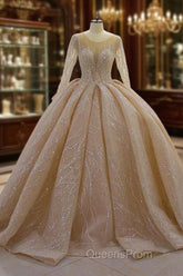 Shiny Ball Gown Tulle Jewel Long Sleevess Ruffless Wedding Dress