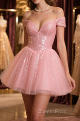 Shiny Beadings Off the Shoulder Pink Short Homecoming Evening Prom Dress, Off Shoulder Pink Beaded Formal Graduation Evening Dress